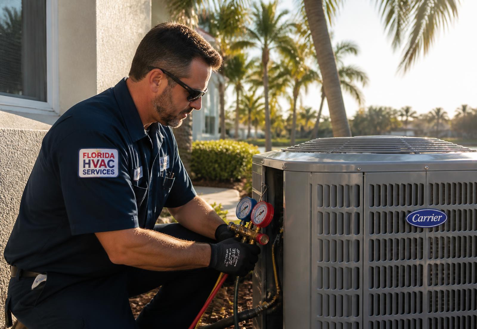 HVAC technician servicing an outdoor air conditioning condenser at a Deerfield Beach home